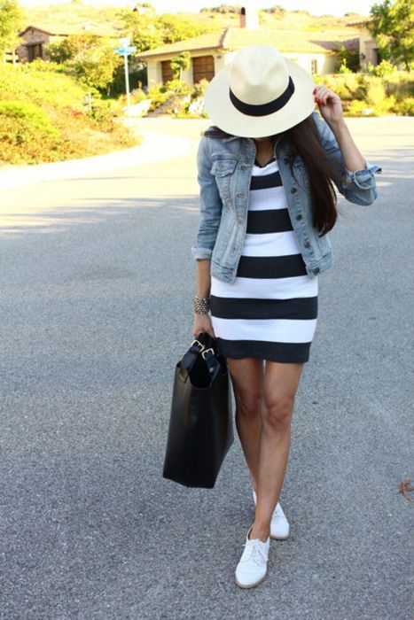White and black dress with a jean jacket and white shoes. Classic and cute. // W