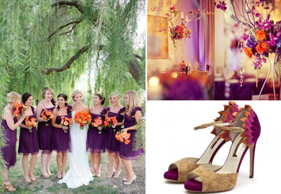 plum and pumpkin fall wedding shoes purple and orange heels bridesmaids in purpl