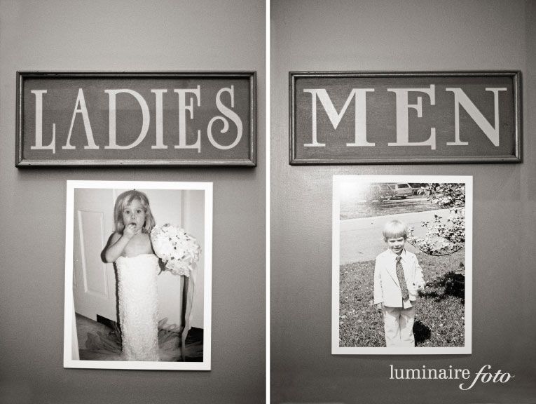 put old pics of {bride and groom} on the bathroom door at the wedding  Funny ide