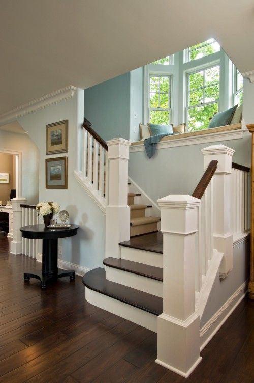 love this floor color, and the combo with white on stairs and trim