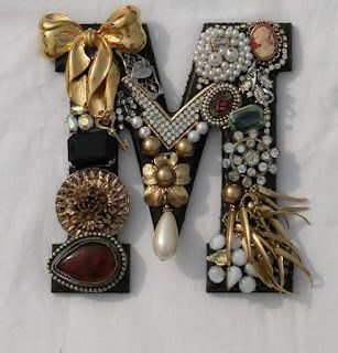 Monogrammed letters decorated with broken jewellery (Recycled Fashion)