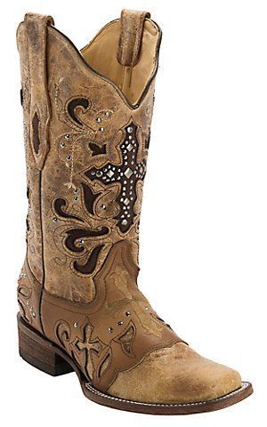 Corral Womens Antique Saddle w/ Stud Cross Square Toe Western Boot | Cavenders P