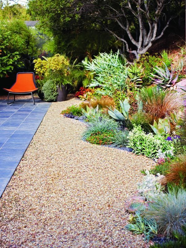 A gorgeous California no-lawn garden — love that curvy border of succulents and