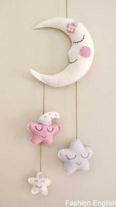 Felt hanging moon and stars. Pink and White. Felt crafts. DIY. Nursery Decor. - Felt hanging moon and stars. Pink and White. Felt crafts. DIY. Nursery Decor. -   12 diy Pillows felt ideas