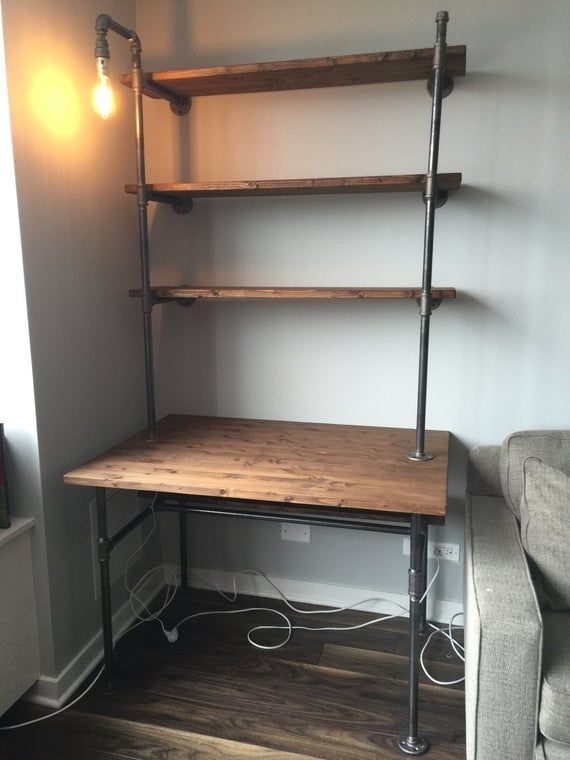 Industrial pipe desk with shelving unit and built-in lamp - Industrial pipe desk with shelving unit and built-in lamp -   14 diy Shelves desk ideas