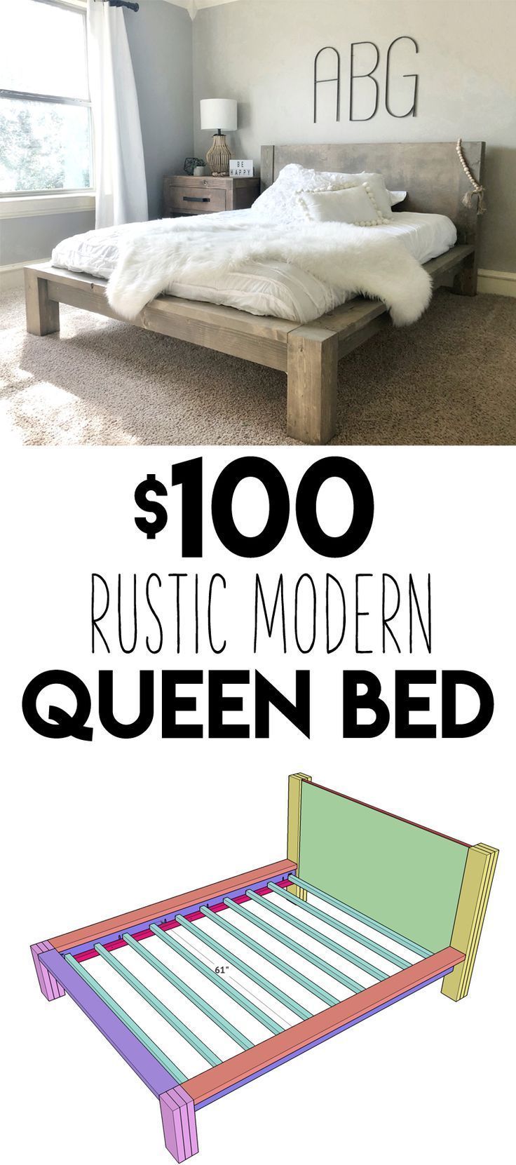 DIY $100 Rustic Modern Queen Bed Free Plans & Tutorial! - DIY $100 Rustic Modern Queen Bed Free Plans & Tutorial! -   16 diy Furniture livingroom ideas