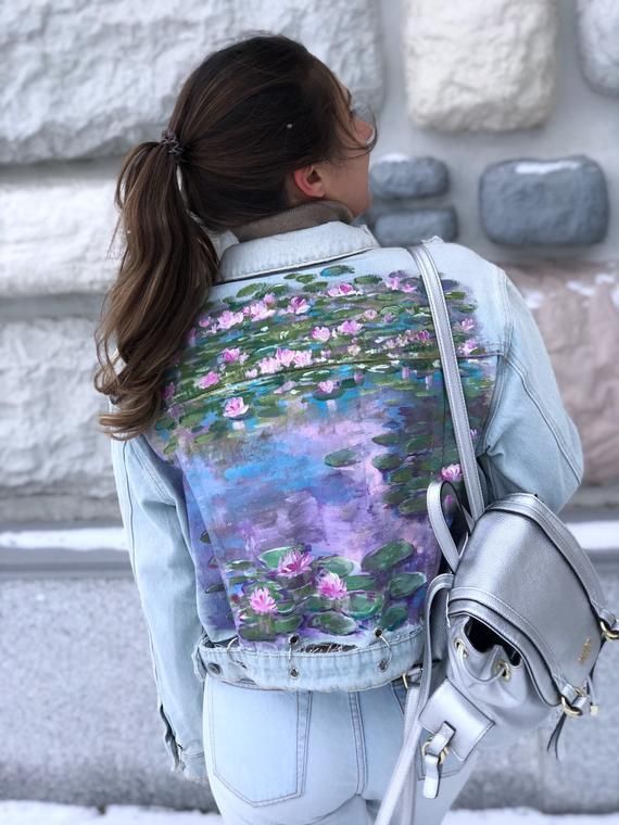 Hand painted jacket Claude Monet Water Lilies  denim  (•read the description•) - Hand painted jacket Claude Monet Water Lilies  denim  (•read the description•) -   16 diy Roupas Customizao jaqueta ideas