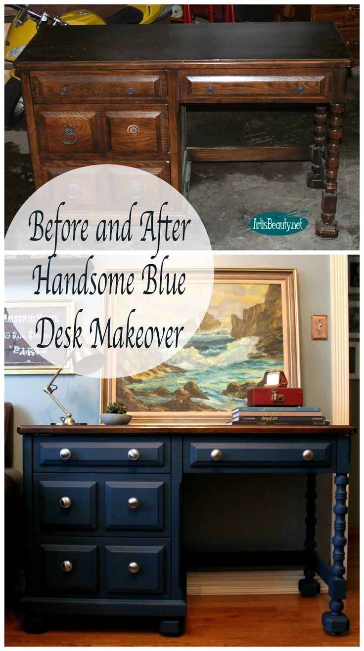 Handsome Blue Velvet Finishes Free Desk Makeover - Handsome Blue Velvet Finishes Free Desk Makeover -   17 diy Desk paint ideas