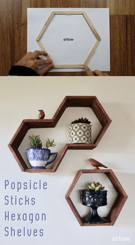 Hexagon Honeycomb Shelves Made With Popsicle Sticks Tutorial | eHow.com - Hexagon Honeycomb Shelves Made With Popsicle Sticks Tutorial | eHow.com -   18 diy Shelves popsicle sticks ideas