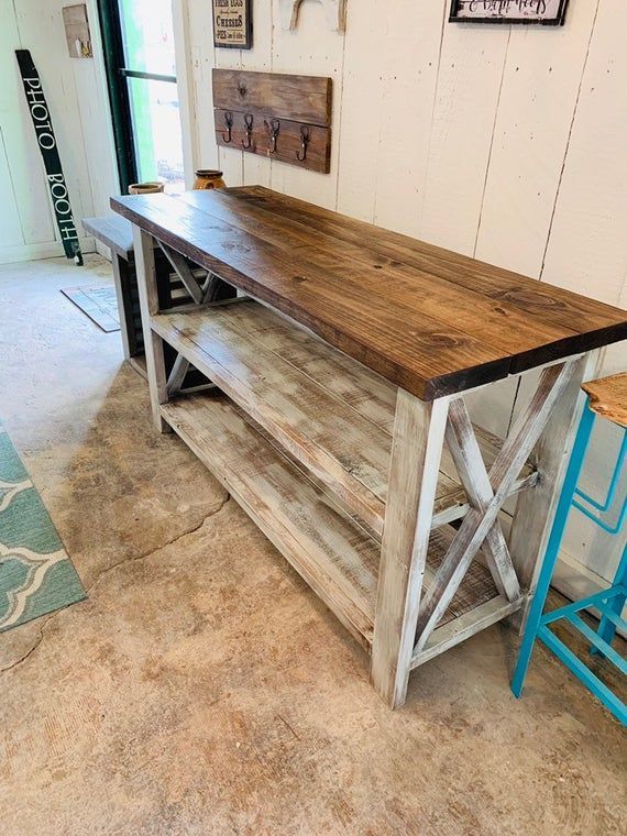 Rustic Wooden Buffet Table, Rustic Console Table, Farmhouse Buffet Table, White Wash with Gray Base and Provincial Brown Top - Rustic Wooden Buffet Table, Rustic Console Table, Farmhouse Buffet Table, White Wash with Gray Base and Provincial Brown Top -   18 diy Table stand ideas