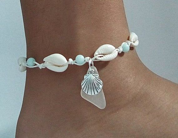 Cowrie shell and amazonite anklet. Sea glass anklet Shell anklet. Beach jewelry.Eco friendly gift for her. - Cowrie shell and amazonite anklet. Sea glass anklet Shell anklet. Beach jewelry.Eco friendly gift for her. -   19 diy Tumblr jewelry ideas