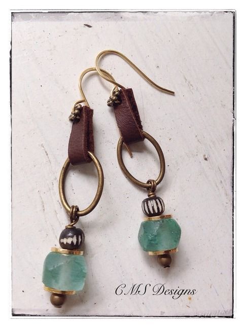 Pale Green Recycled Glass, Carved Bone, Leather and Brass Boho Earrings from CMS Designs - Pale Green Recycled Glass, Carved Bone, Leather and Brass Boho Earrings from CMS Designs -   5 diy Jewelry anthropologie ideas