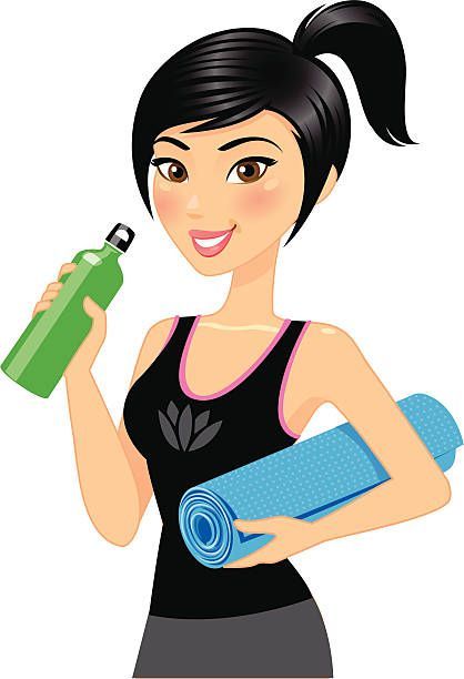 A girl holding a yoga mat and water bottle. The design on her shirt... - A girl holding a yoga mat and water bottle. The design on her shirt... -   13 fitness Illustration girl ideas
