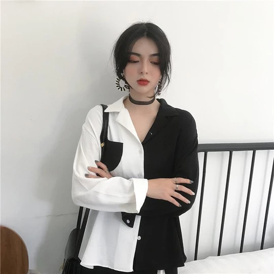 Korean Chic Style Black White Contrast Color Tops Female Harajuku Fashion Longrricdress - Korean Chic Style Black White Contrast Color Tops Female Harajuku Fashion Longrricdress -   style Korean chic
