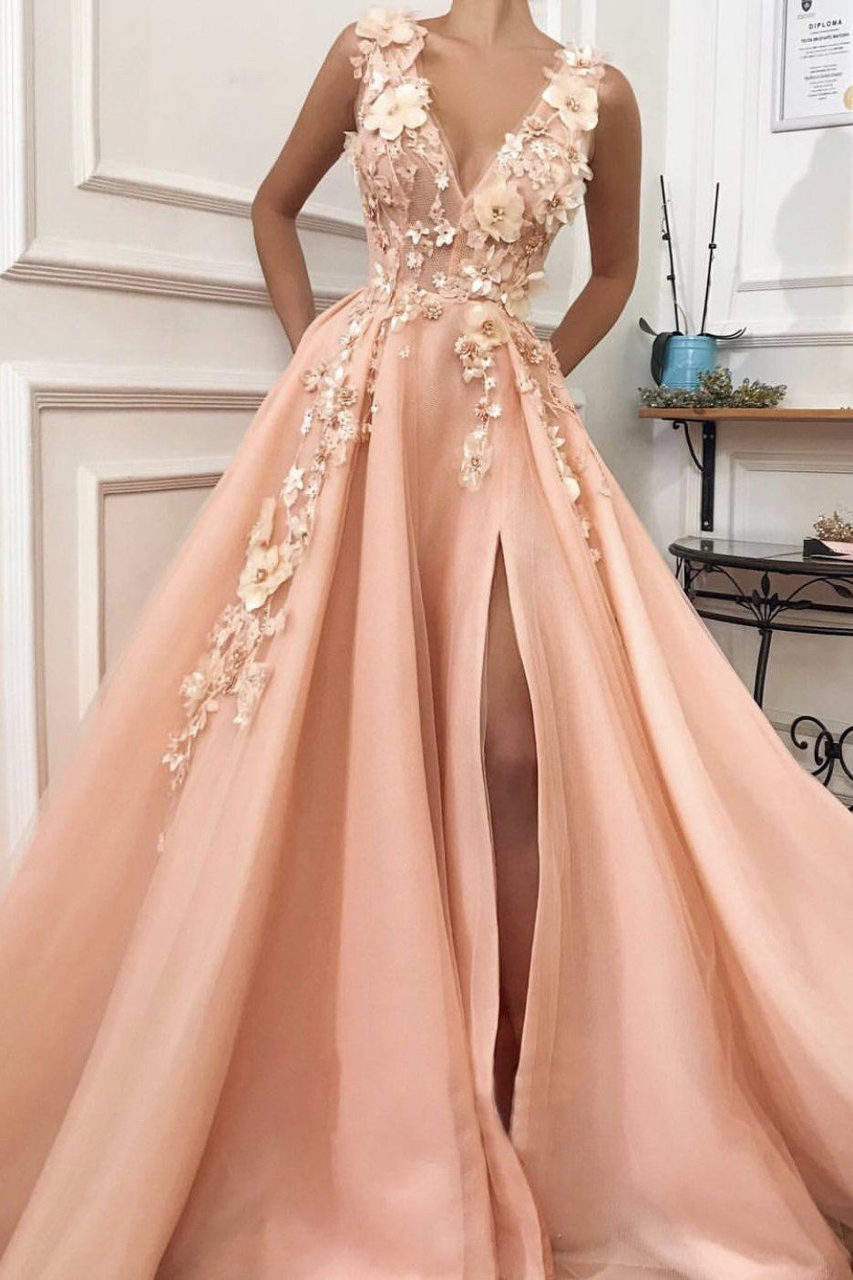 A line Pink V Neck Prom Dresses with Slit Lace Appliques Prom Gowns - A line Pink V Neck Prom Dresses with Slit Lace Appliques Prom Gowns -   16 beauty Dresses designer ideas