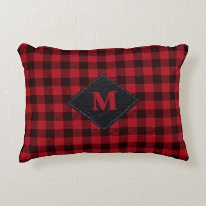 Rustic Red and Black Buffalo Check Monogram Accent Pillow | Zazzle.com - Rustic Red and Black Buffalo Check Monogram Accent Pillow | Zazzle.com -   16 diy Pillows rustic ideas