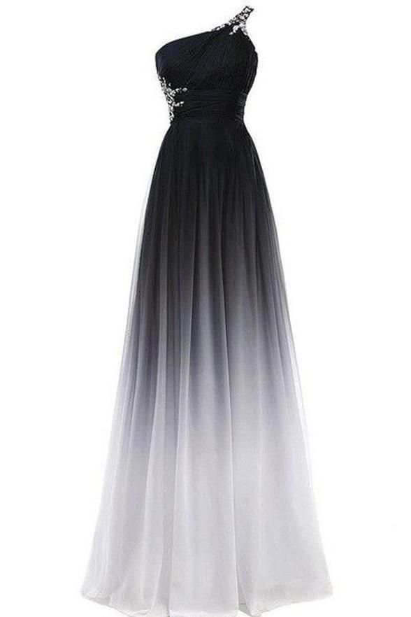 A line Chiffon Black and White One Shoulder Prom Dresses Long Ombre Evening Dresses - A line Chiffon Black and White One Shoulder Prom Dresses Long Ombre Evening Dresses -   16 style Black party ideas