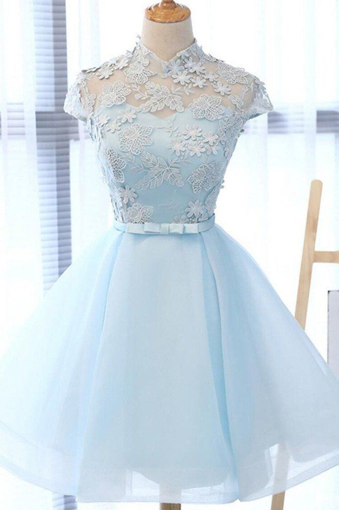 Cute A Line Light Blue High Neck Cap Sleeve Homecoming Dresses with Tulle Flowers H1074 - Cute A Line Light Blue High Neck Cap Sleeve Homecoming Dresses with Tulle Flowers H1074 -   14 beauty Dresses pretty ideas