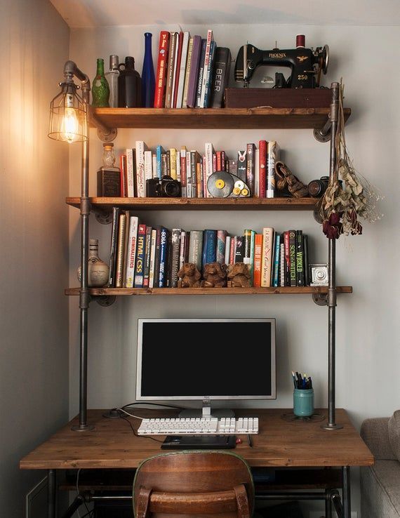 Industrial pipe desk with shelving unit and built-in lamp - Industrial pipe desk with shelving unit and built-in lamp -   15 diy Shelves desk ideas