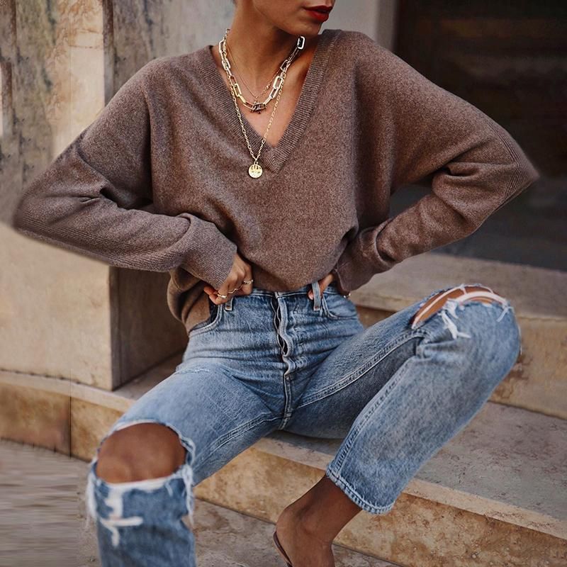 Women's Casual V-Neck Long Sleeve Solid Color Loose Sweater - Women's Casual V-Neck Long Sleeve Solid Color Loose Sweater -   16 style Women casual ideas