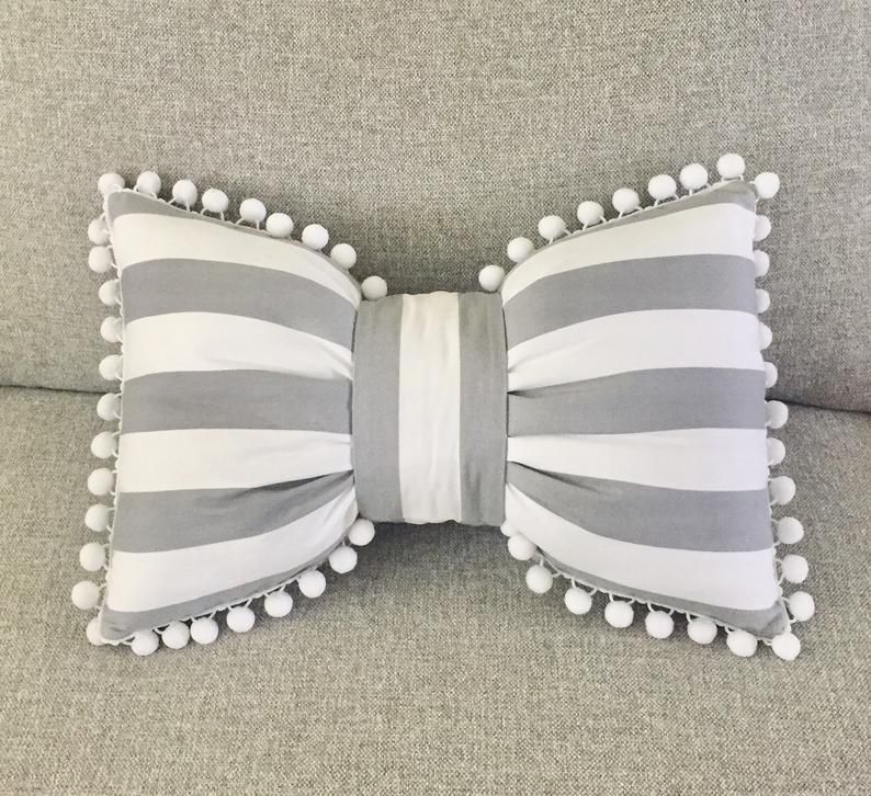 18x12 Gray and White Cotton Stripe Bow Tie Decorative Lumbar Pillow With White Pom Pom Trim - 18x12 Gray and White Cotton Stripe Bow Tie Decorative Lumbar Pillow With White Pom Pom Trim -   17 diy Pillows designs ideas