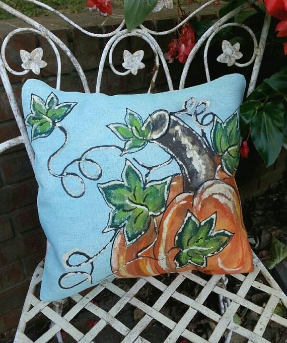 Fall Pumpkin on Blue, Hand-painted, Fall Pillows, Thanksgiving, Holidays, Indoor/Outdoor Cushions, Pillow Covers, No. 678 - Fall Pumpkin on Blue, Hand-painted, Fall Pillows, Thanksgiving, Holidays, Indoor/Outdoor Cushions, Pillow Covers, No. 678 -   18 diy Pillows painted ideas