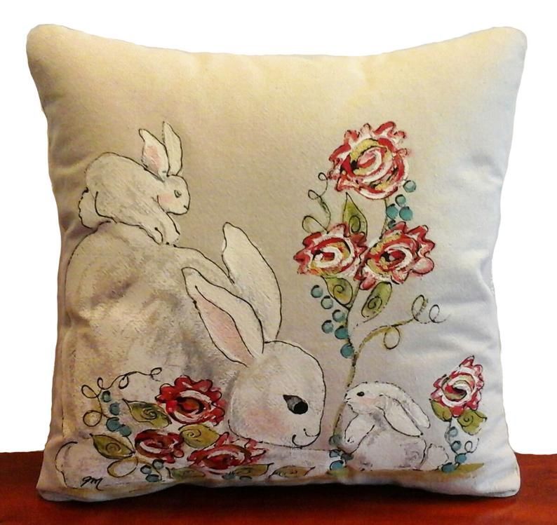 Spring Easter Bunnies, Spring Flowers, Easter Pillows, Hand-painted, Pillow Cover - Spring Easter Bunnies, Spring Flowers, Easter Pillows, Hand-painted, Pillow Cover -   18 diy Pillows painted ideas