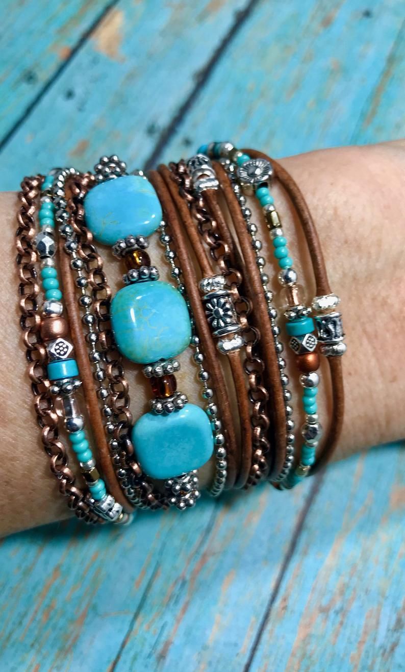 Turquoise Leather Wrap Bracelet, Boho Style ~ Mermaid Blue - Turquoise Leather Wrap Bracelet, Boho Style ~ Mermaid Blue -   11 diy Bracelets boho ideas