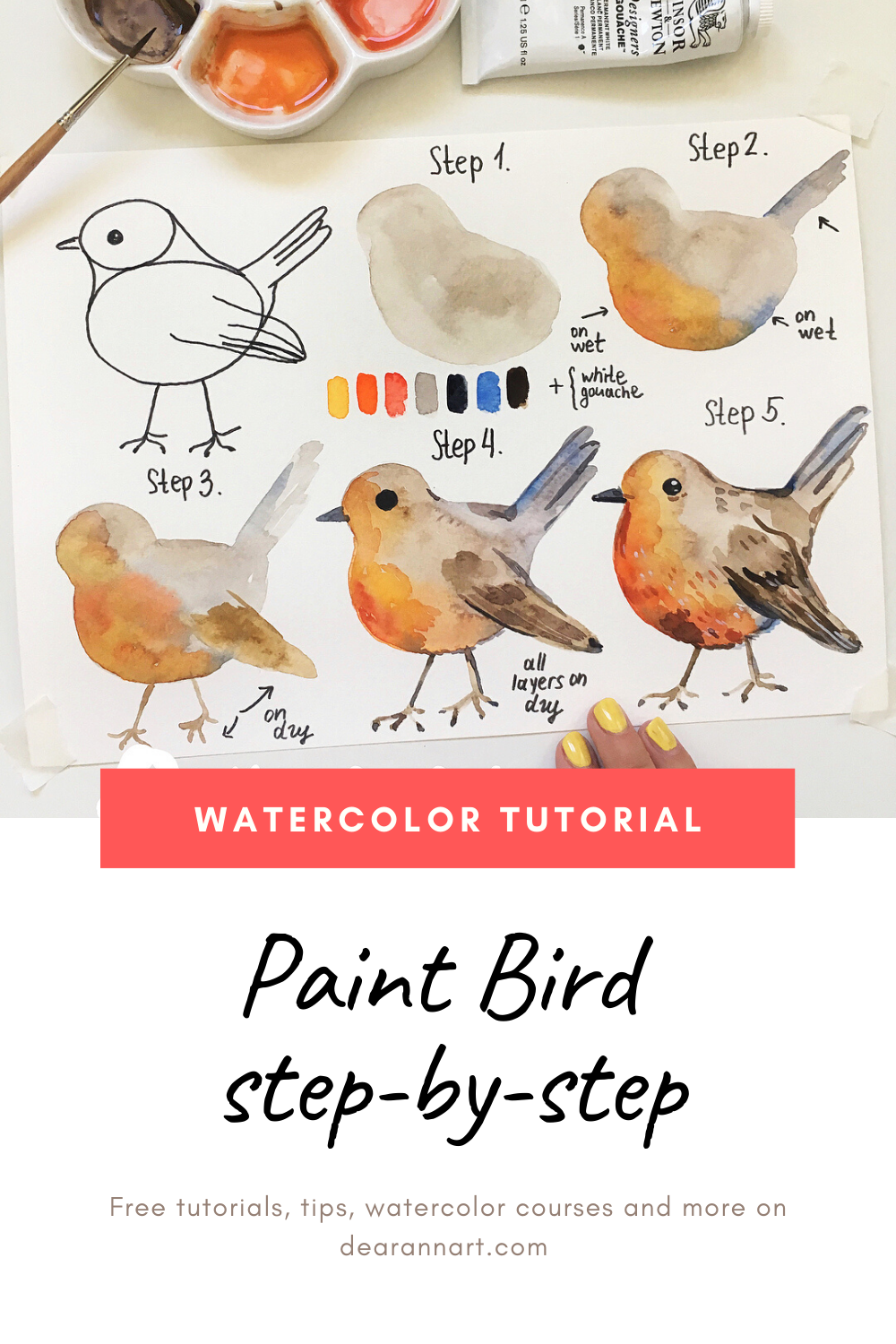 Learn Watercolor Step By Step: Paint a bird - Learn Watercolor Step By Step: Paint a bird -   13 diy Art watercolor ideas
