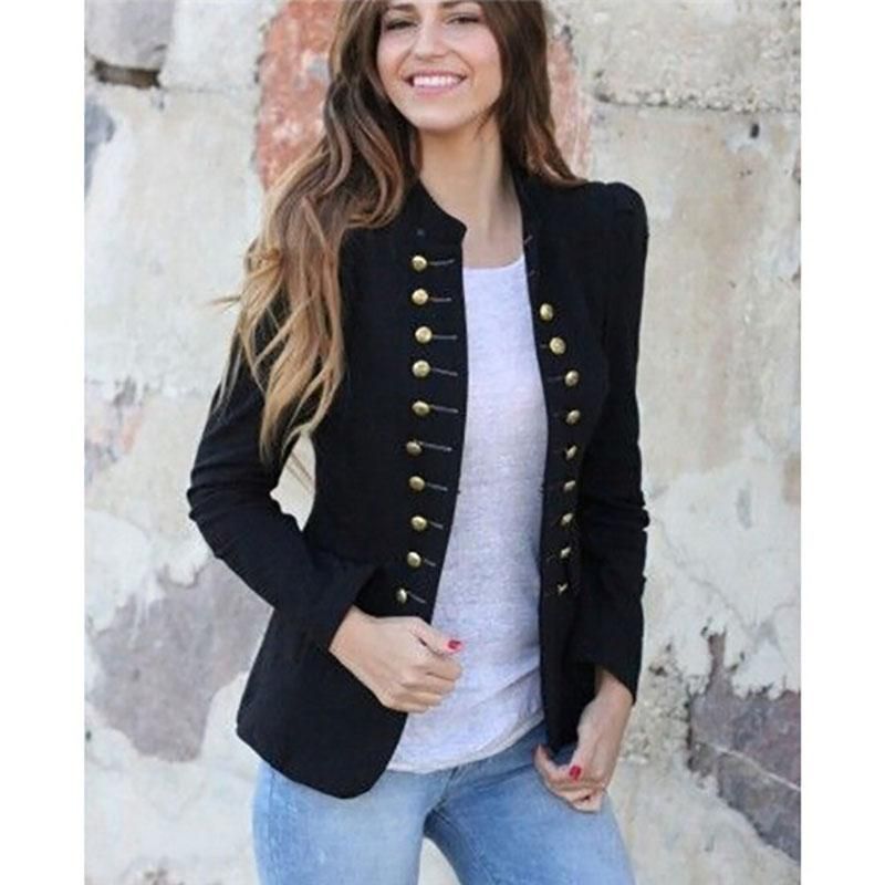 Spring Short Slim Fitted Plain Military Style Jacket Vintage Open Front Coat Band Collar Top Outwear With Pockets Lady - Spring Short Slim Fitted Plain Military Style Jacket Vintage Open Front Coat Band Collar Top Outwear With Pockets Lady -   13 military style Fashion ideas
