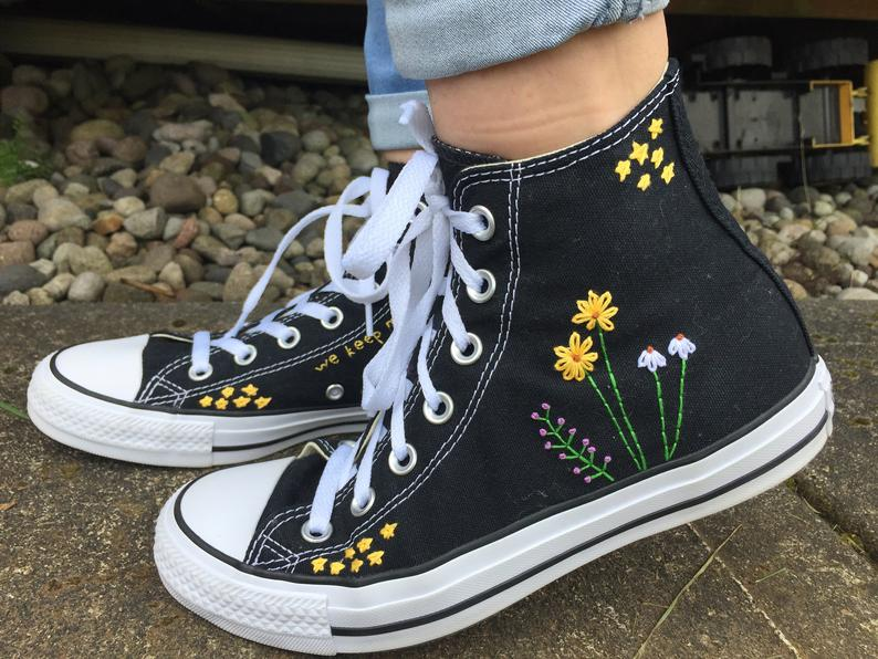 Stars and Flowers Embroidered Converse - Stars and Flowers Embroidered Converse -   style Aesthetic shoes