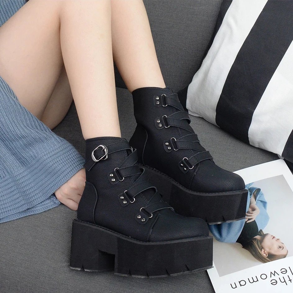Goth Boots Women Platform Ankle Rubber Sole Buckle Black PU Punk Rock Style Spring Autumn Shoes - Goth Boots Women Platform Ankle Rubber Sole Buckle Black PU Punk Rock Style Spring Autumn Shoes -   13 style Aesthetic shoes ideas