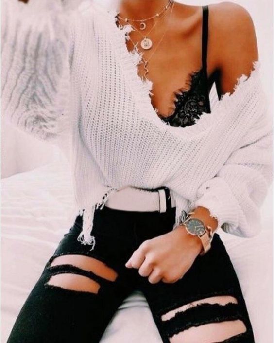 Off Shoulder Distressed Sweater - Off Shoulder Distressed Sweater -   14 style Feminino tumblr ideas
