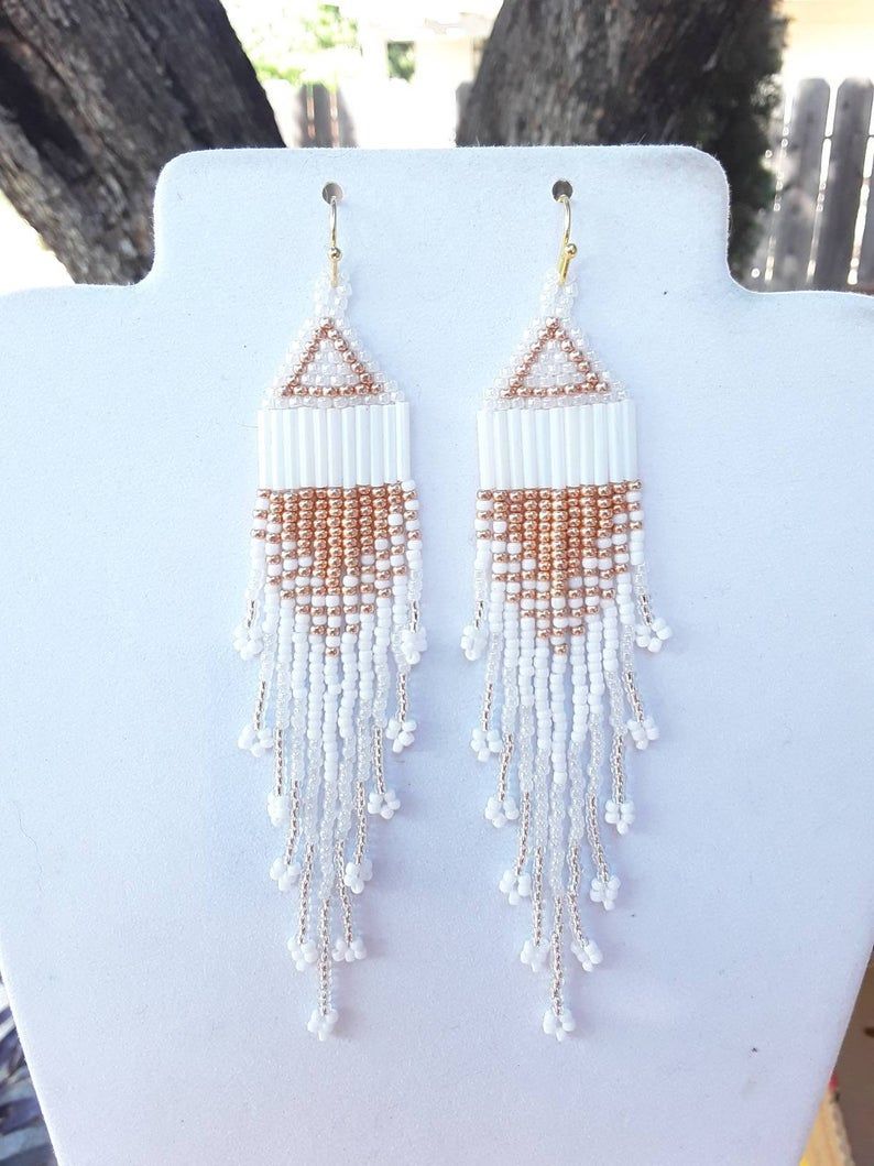 Native American Style Beaded White Gold Silver Wedding Earrings Shoulder Duster 6 inch Southwestern, Boho Hippie Brick Stich Ready to Ship - Native American Style Beaded White Gold Silver Wedding Earrings Shoulder Duster 6 inch Southwestern, Boho Hippie Brick Stich Ready to Ship -   16 american style Fashion ideas