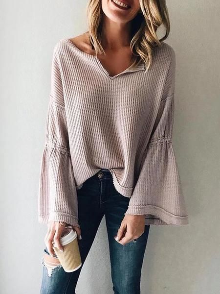 European And American Style V Neck Long Sleeve Pure Colour Sweater - European And American Style V Neck Long Sleeve Pure Colour Sweater -   16 american style Fashion ideas