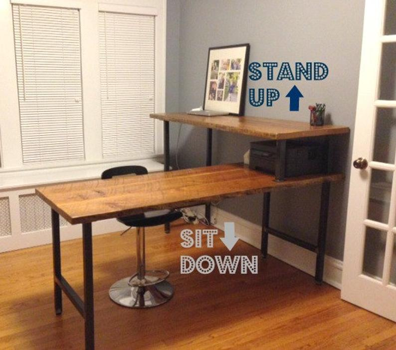 L Shaped Sit to Stand Desk made with reclaimed wood and steel H leg base. Custom designs available. Choose size, thickness, legs and finish - L Shaped Sit to Stand Desk made with reclaimed wood and steel H leg base. Custom designs available. Choose size, thickness, legs and finish -   16 diy Desk office ideas