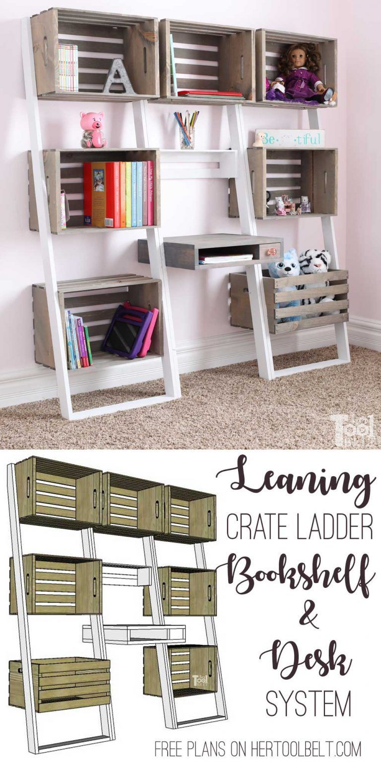 Leaning Crate Ladder Bookshelf and Desk - Her Tool Belt - Leaning Crate Ladder Bookshelf and Desk - Her Tool Belt -   17 diy Bookshelf desk ideas