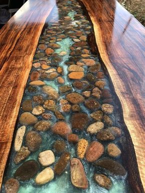 Walnut live edge river table with stone - Walnut live edge river table with stone -   18 diy Table resin ideas