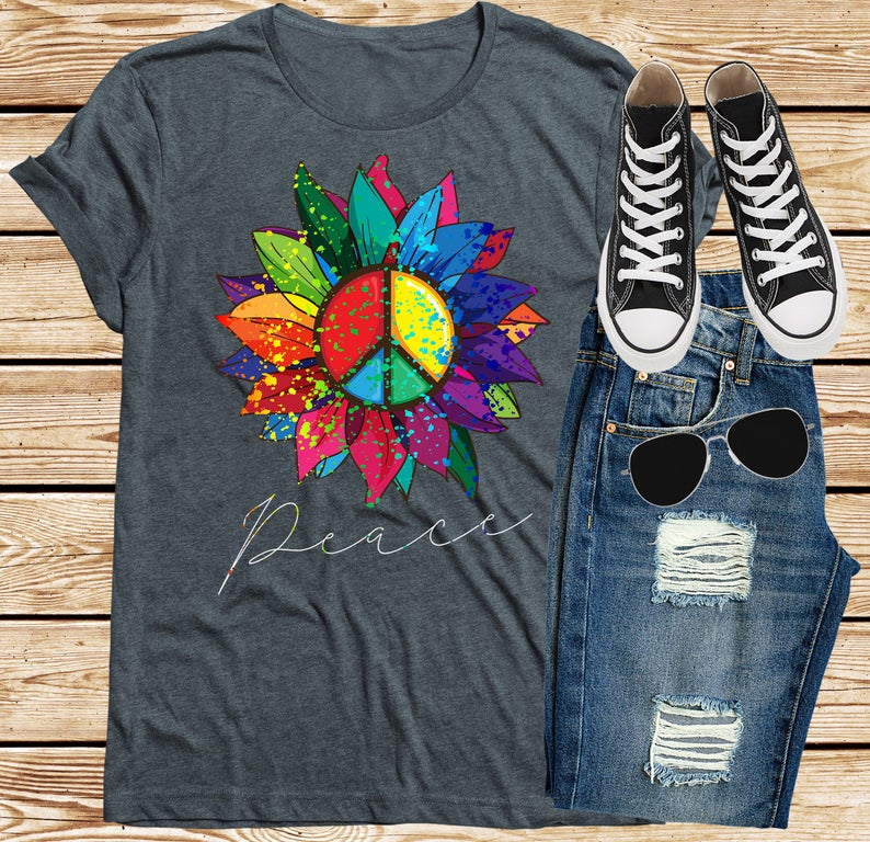 Rainbow Sunflower Shirt, Peace Sign Shirt, Hippie Clothing T-Shirts, Boho Floral Tees, 60s 70s Retro Shirts - Rainbow Sunflower Shirt, Peace Sign Shirt, Hippie Clothing T-Shirts, Boho Floral Tees, 60s 70s Retro Shirts -   8 style Hippie peace ideas