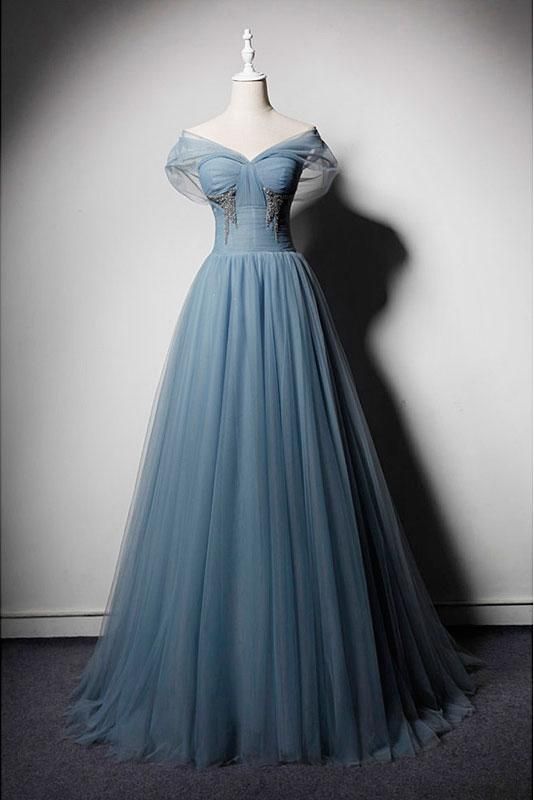 Dusty Blue Off Shoulder Tulle Prom Dresses,A Line Blue Evening Dress - Dusty Blue Off Shoulder Tulle Prom Dresses,A Line Blue Evening Dress -   16 beauty Dresses fantasy ideas