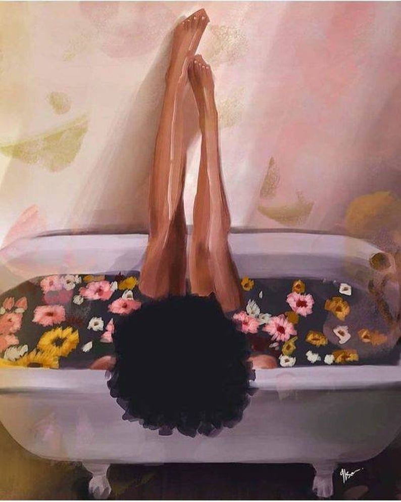 African American woman, melanin, flowers and bath, relaxing, curly fro, Art Print - African American woman, melanin, flowers and bath, relaxing, curly fro, Art Print -   16 beauty Inspiration art ideas