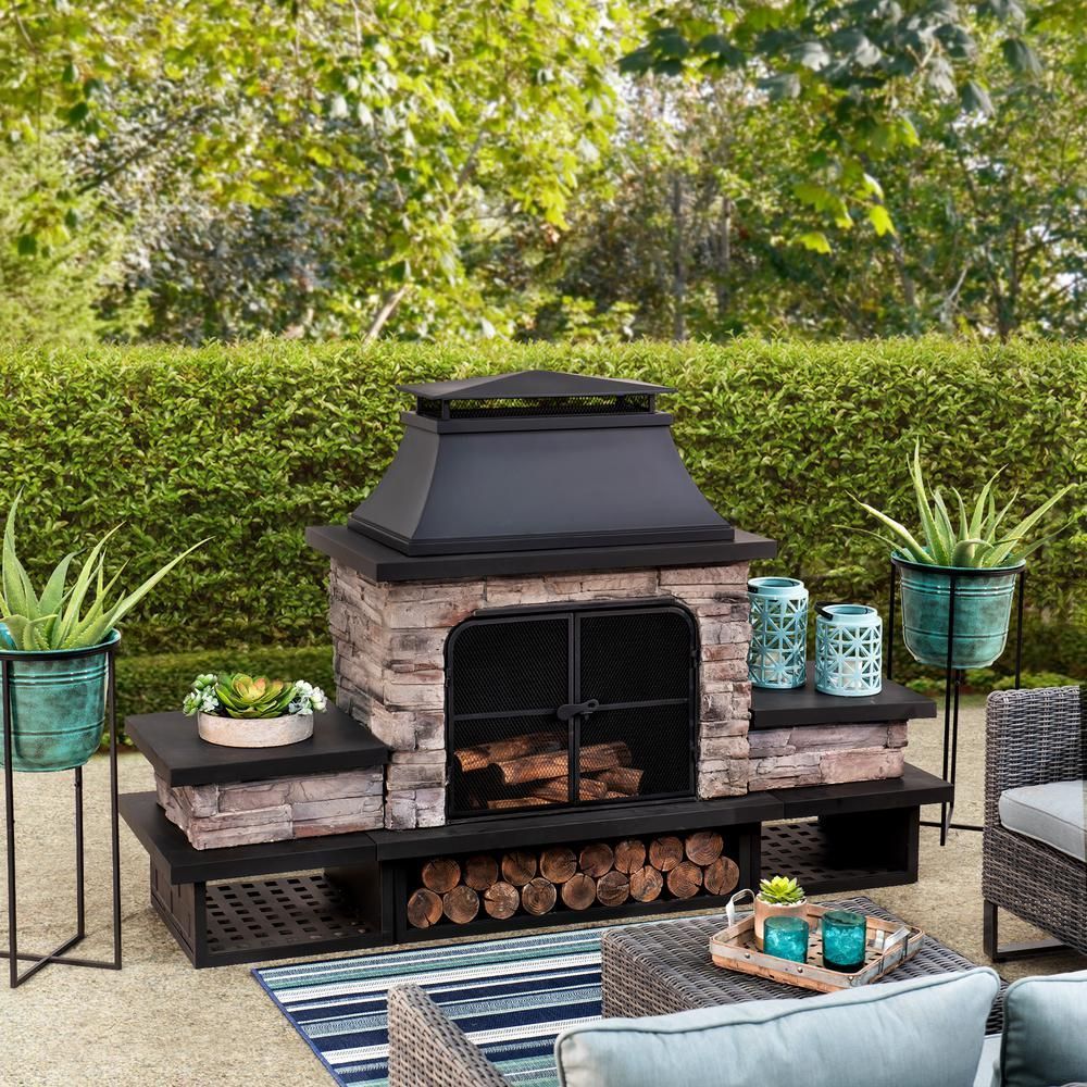 Sunjoy Maryland Bel Aire 48.03 in. Black Fireplace with Faux Stack Stone Finish 169490 - The Home Depot - Sunjoy Maryland Bel Aire 48.03 in. Black Fireplace with Faux Stack Stone Finish 169490 - The Home Depot -   16 diy Outdoor fireplace ideas