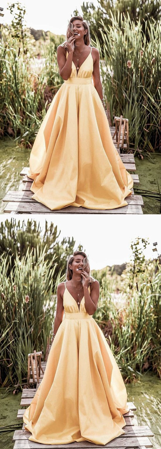 Elegant Yellow Long Prom Dresses For Teens, 2019 A-line Formal Evening Party Dresses V-neck Satin - Elegant Yellow Long Prom Dresses For Teens, 2019 A-line Formal Evening Party Dresses V-neck Satin -   17 beauty Dresses modest ideas
