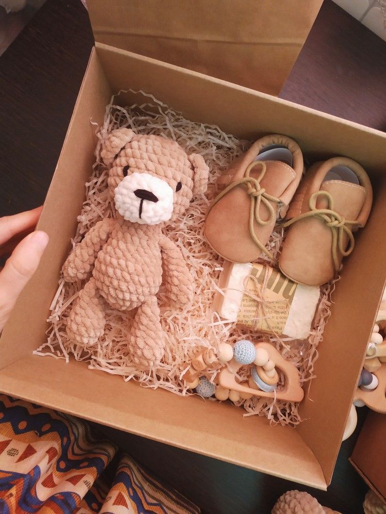 Newborn gift box - crochet plush bear, handmade soap, personalized teether and booties - Newborn gift box - crochet plush bear, handmade soap, personalized teether and booties -   17 diy Baby box ideas