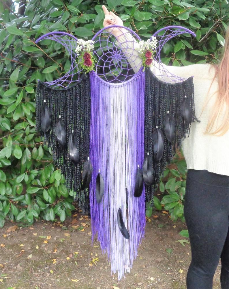 Huge Purple and Black Triple Moon Dream Catcher, Headboard wall Hanging with Real Dried flowers, Native  Made with Pagan Pride - Huge Purple and Black Triple Moon Dream Catcher, Headboard wall Hanging with Real Dried flowers, Native  Made with Pagan Pride -   17 diy Dream Catcher headboard ideas