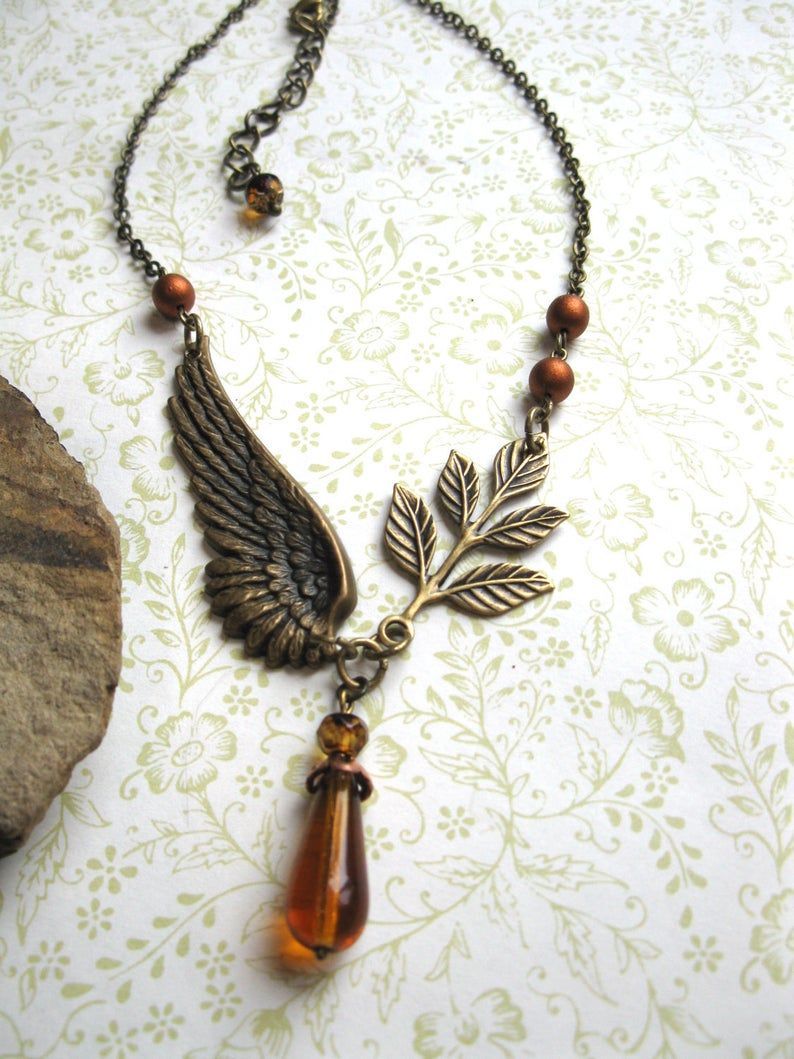 Gold brass wing necklace, teardrop necklace, amber glass beads, feather necklace, womens jewelry, Victorian inspired jewelry, gold wing - Gold brass wing necklace, teardrop necklace, amber glass beads, feather necklace, womens jewelry, Victorian inspired jewelry, gold wing -   17 diy Jewelry vintage ideas