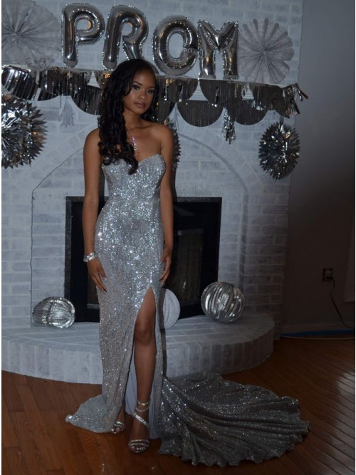 Sexy Mermaid Sweetheart Sweep Train Silver Sequined Prom Dress with Split,Backless Long Prom Dress - Sexy Mermaid Sweetheart Sweep Train Silver Sequined Prom Dress with Split,Backless Long Prom Dress -   17 mermaid style Dress ideas