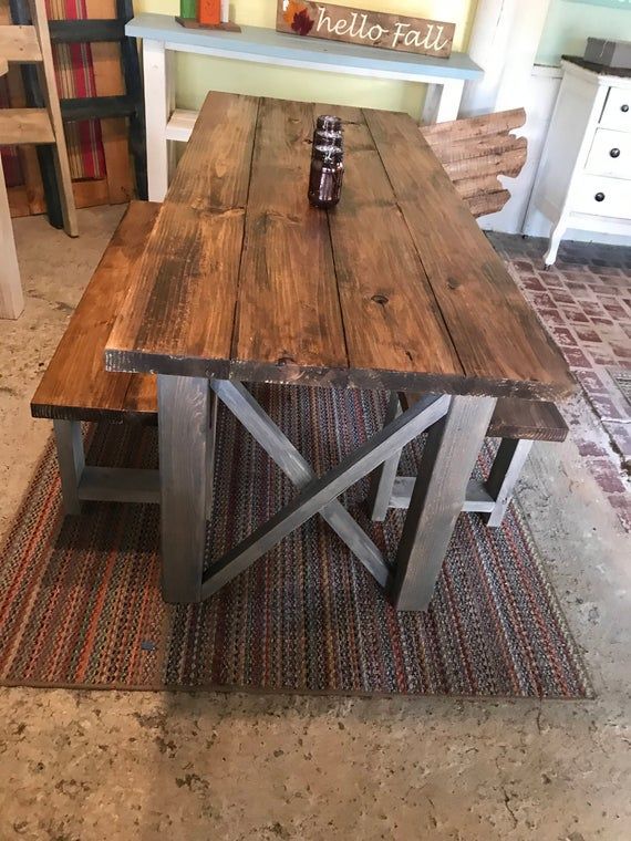 Rustic Wooden Farmhouse Table Set with Provincial Brown Top and Classic Gray Base Criss Cross Style Includes Two Benches - Rustic Wooden Farmhouse Table Set with Provincial Brown Top and Classic Gray Base Criss Cross Style Includes Two Benches -   18 diy Table dinner ideas