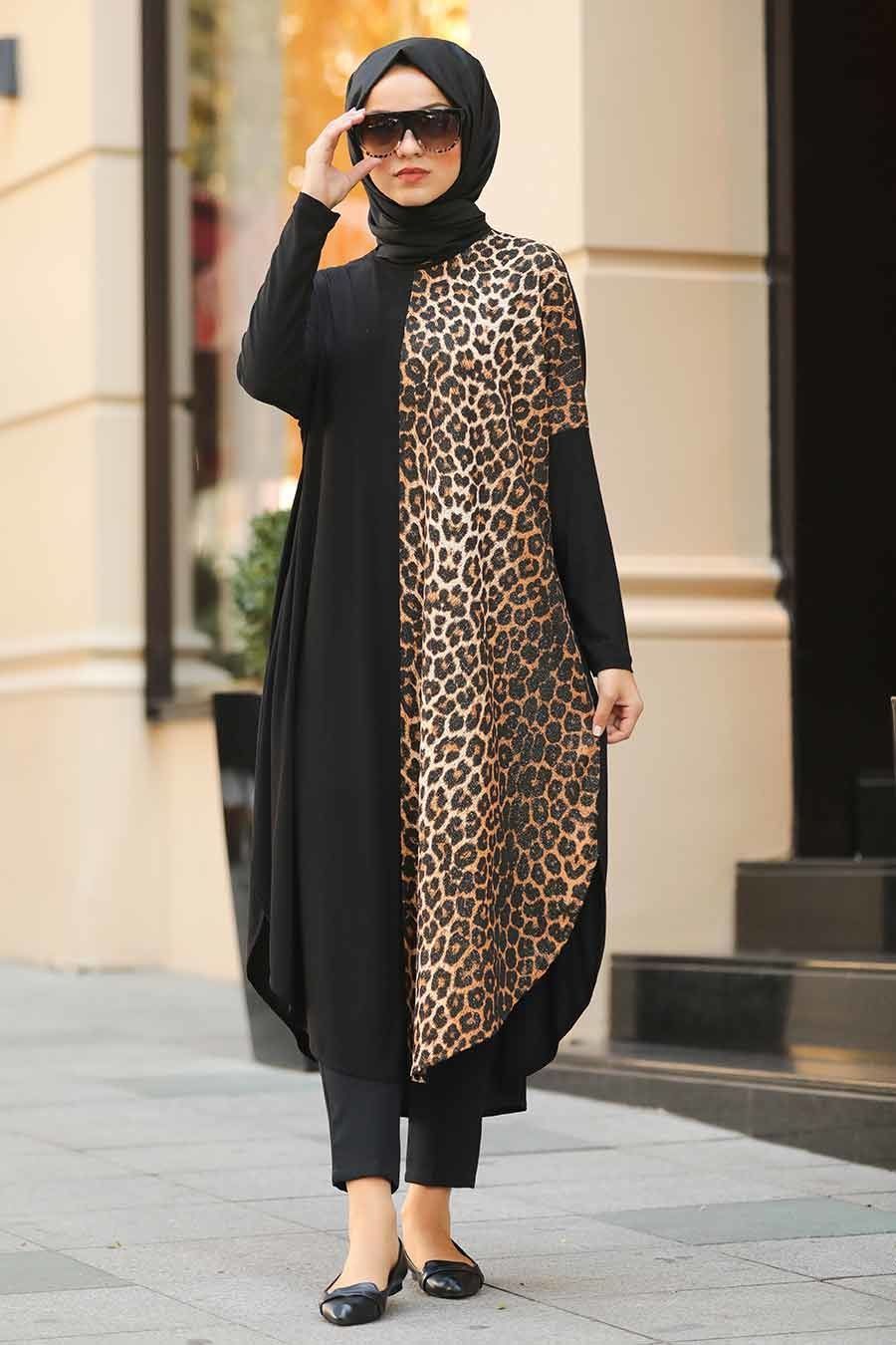 Women's Leopard Detail Black Modest Tunic - Women's Leopard Detail Black Modest Tunic -   13 style Black hijab ideas