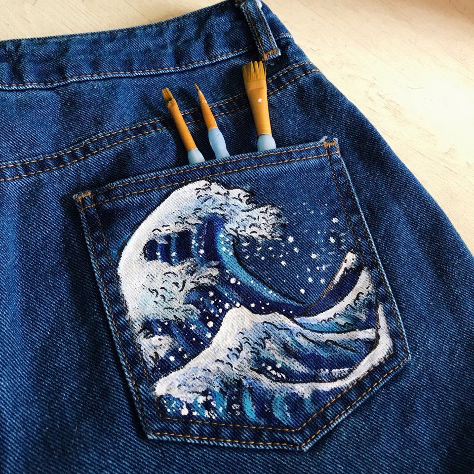 ?? hand painted with acrylic paint Hokusai 'the... - Depop - ?? hand painted with acrylic paint Hokusai 'the... - Depop -   13 style Jeans diy ideas